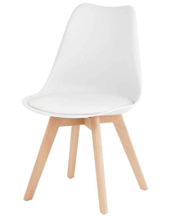 Chaise scandinave blanc avec coussin simili cuir et pieds hêtre naturel Karena - Photo n°1