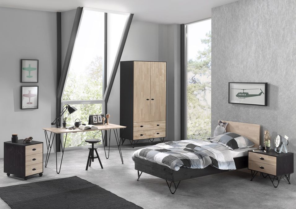 Chambre 5 pièces bois massif clair et gris Arna 90x200 cm - Photo n°1