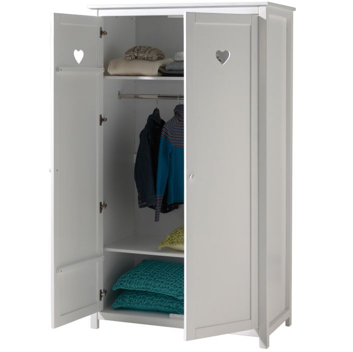 Chambre 5 pièces lit baldaquin sommier voile chevet et armoire 2 portes bois laqué blanc Cœur 90x200 cm - Photo n°6