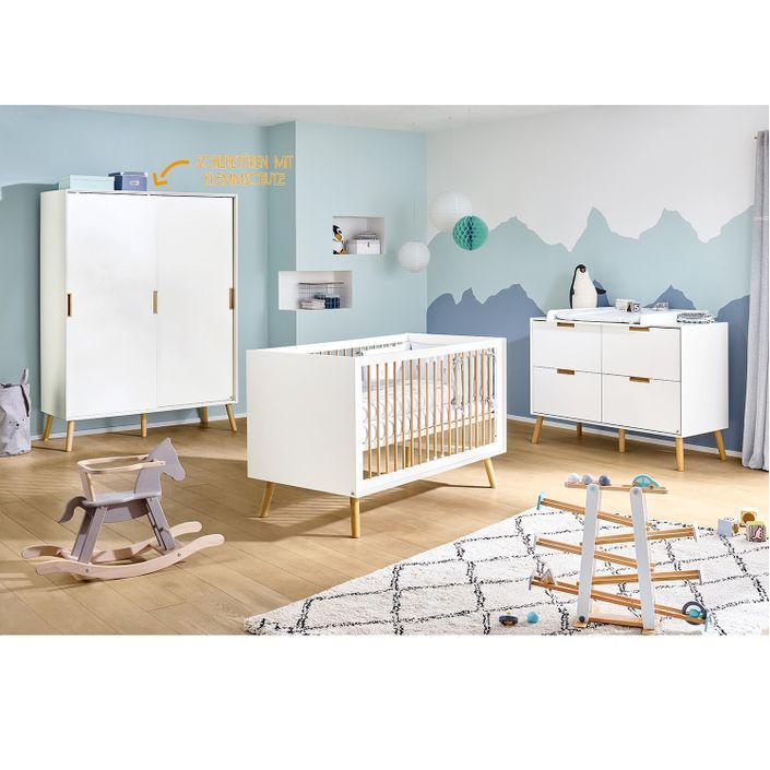 Chambre bébé 3 pièces laqué blanc et bois clair Edge 70x140 cm - Photo n°1