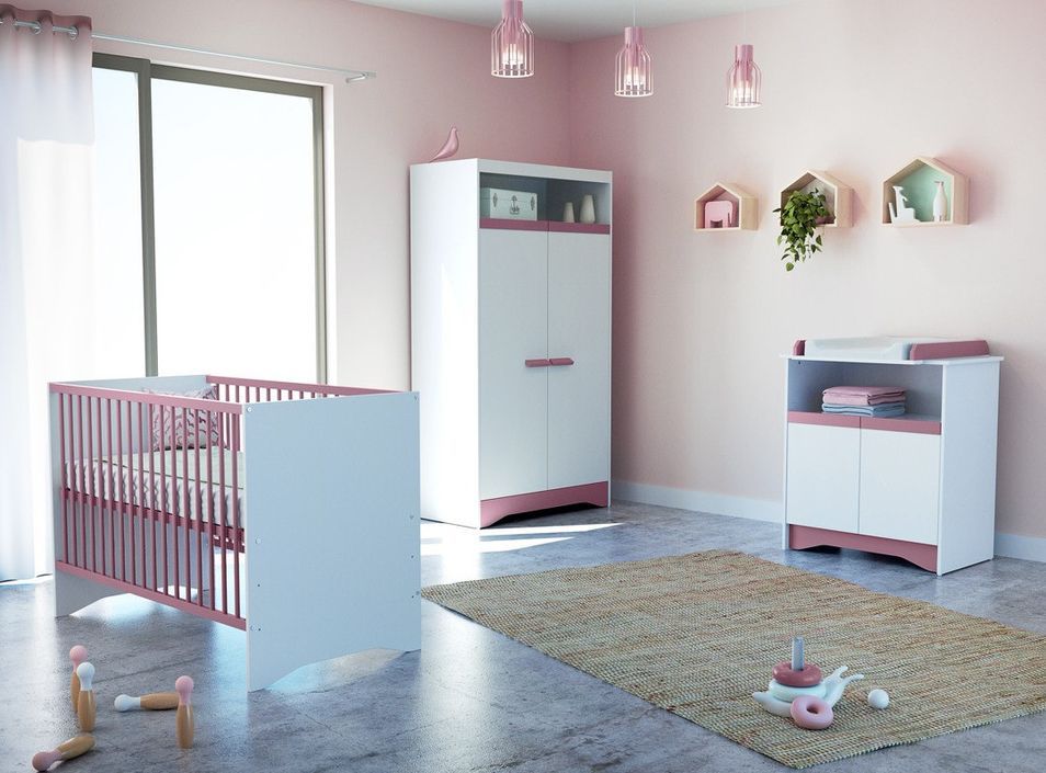 Chambre bébé 3 pièces lit commode et armoire blanc et rose Cotillon 60x120 cm - Photo n°1