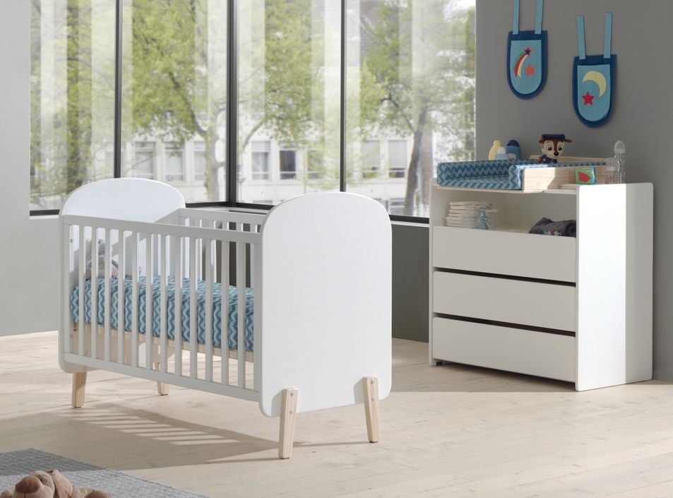 Chambre bébé 3 pièces lit commode et plan à langer bois laqué blanc et pin clair Kiddy 60x120 cm - Photo n°1