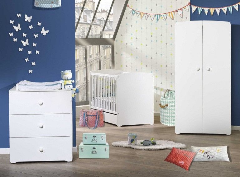 Chambre bébé Basic lit 60x120 cm armoire et commode à langer laqué blanc - Photo n°1