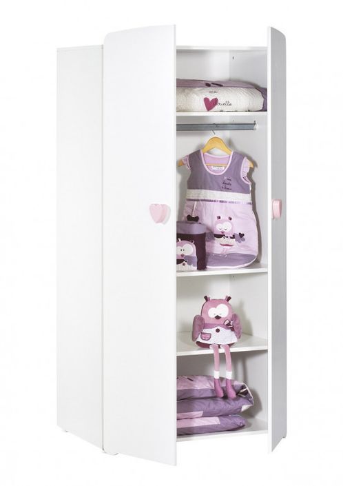 Chambre bébé Basic lit 60x120 cm armoire et commode à langer laqué blanc et rose - Photo n°8