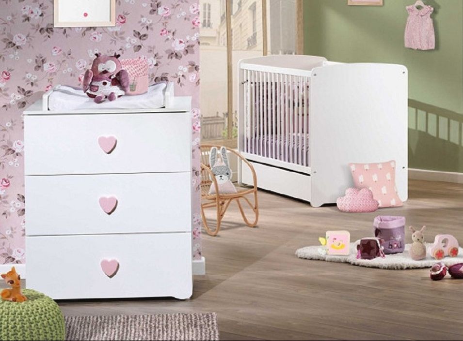 Chambre bébé Basic lit 60x120 cm et commode à langer laqué blanc et rose - Photo n°1