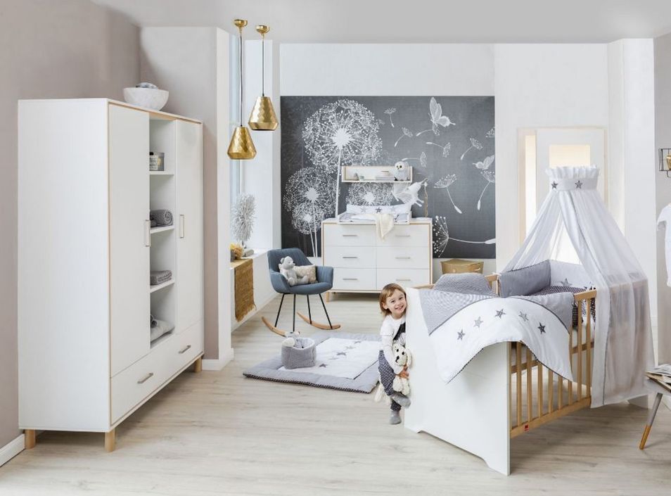 Chambre bébé Coco lit 70x140 cm commode et armoire bois blanc et hêtre - Photo n°1