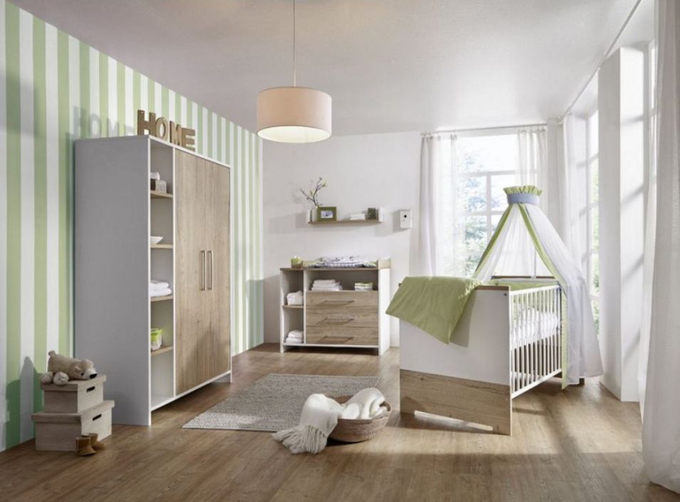 Chambre bébé Eco Plus lit 70x140 cm commode à langer et armoire bois blanc et chêne - Photo n°1