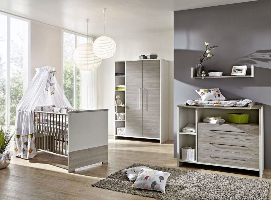 Chambre bébé Eco Silber lit évolutif 70x140 cm commode à langer et armoire 3 portes bois blanc et pin argenté - Photo n°1