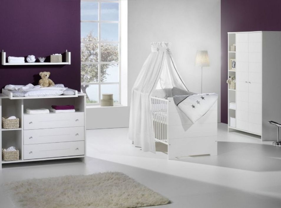 Chambre bébé Eco Stripe lit 70x140 cm commode à langer et armoire bois laqué blanc - Photo n°1