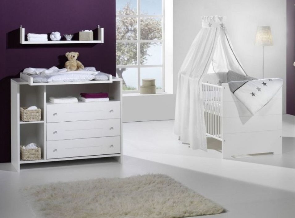 Chambre bébé Eco Stripe lit 70x140 cm et commode à langer bois laqué blanc - Photo n°1