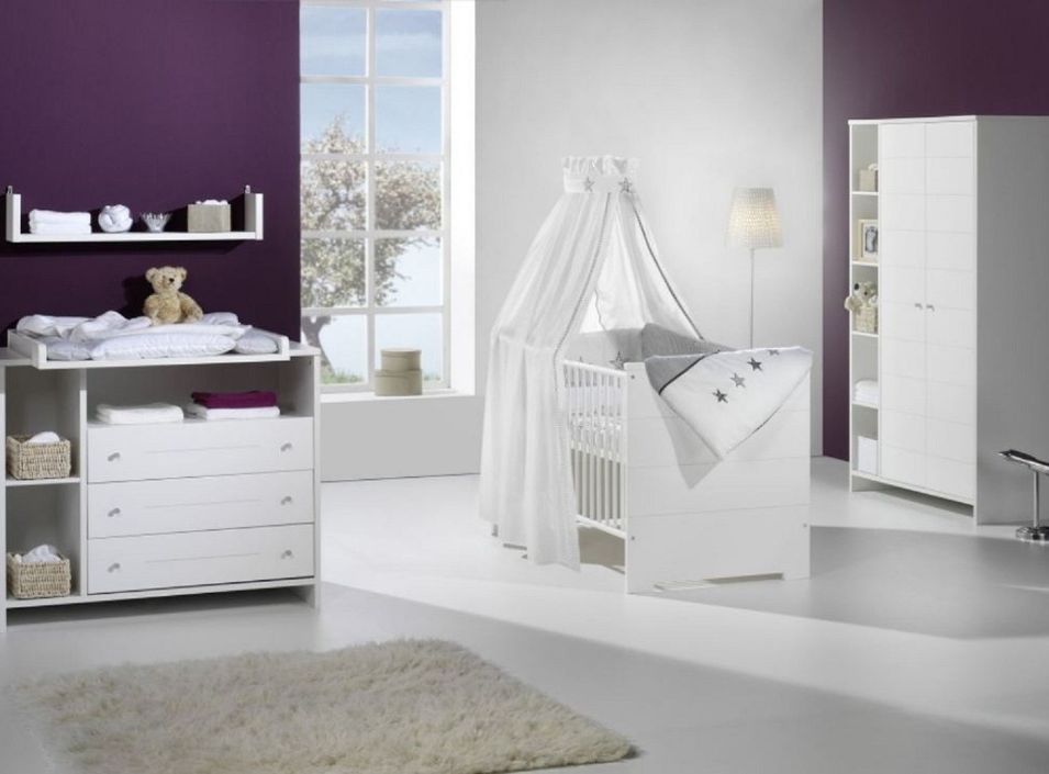 Chambre bébé Eco Stripe lit évolutif 70x140 cm commode à langer et armoire bois laqué blanc - Photo n°1