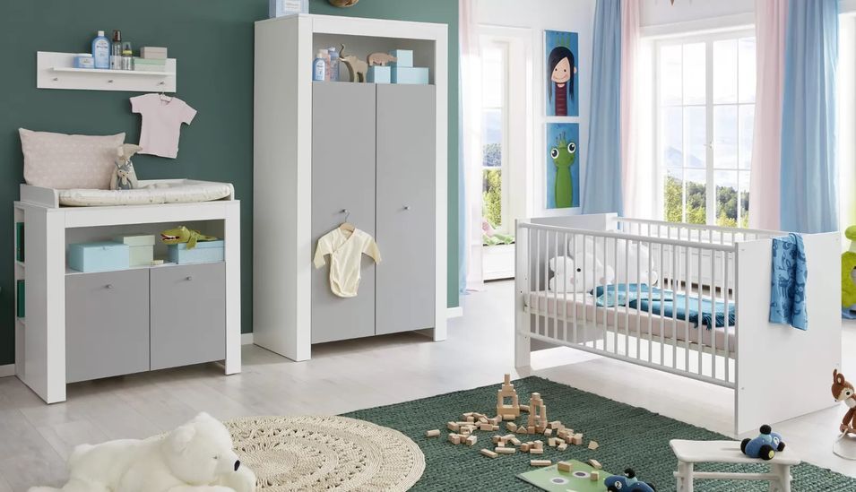 Chambre bébé Evans lit 70x140 cm avec commode à langer et armoire mélaminé gris et blanc - Photo n°1