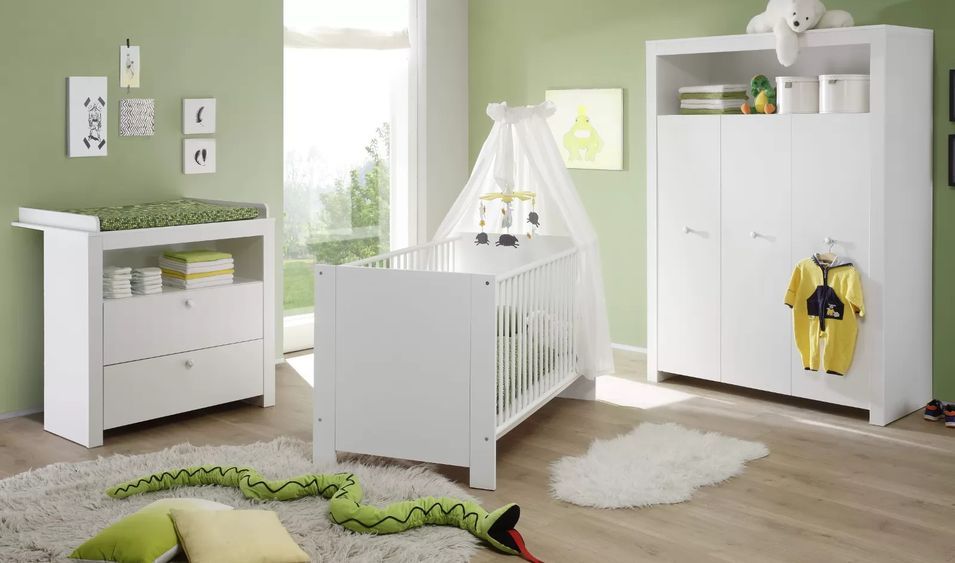 Chambre bébé Kenan lit 70x140 cm avec commode à langer et armoire mélaminé blanc - Photo n°1