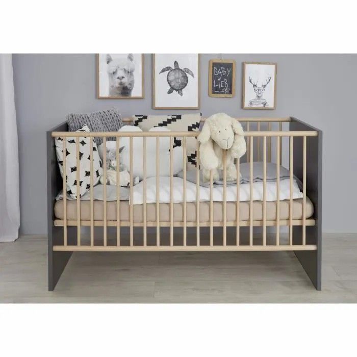 Chambre bébé Mathys Lit 70 x 140 cm avec commode à langer gris et chêne - Photo n°5