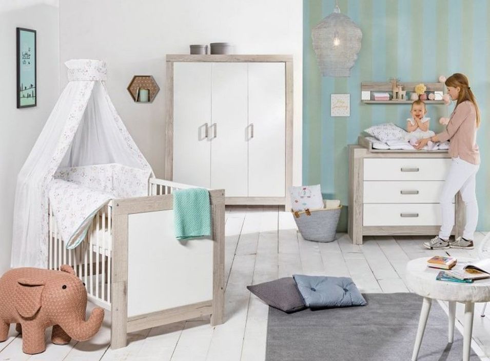 Chambre bébé Nordic Halifax lit 70x140 cm commode et armoire bois blanc et gris - Photo n°1