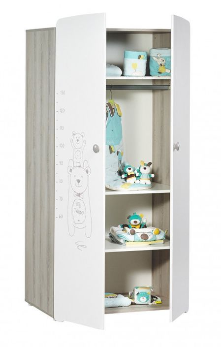 Chambre bébé Teddy lit 60x120 cm armoire et commode à langer laqué blanc et gris - Photo n°6