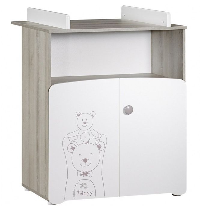 Chambre bébé Teddy lit 60x120 cm et commode à langer laqué blanc et gris - Photo n°3