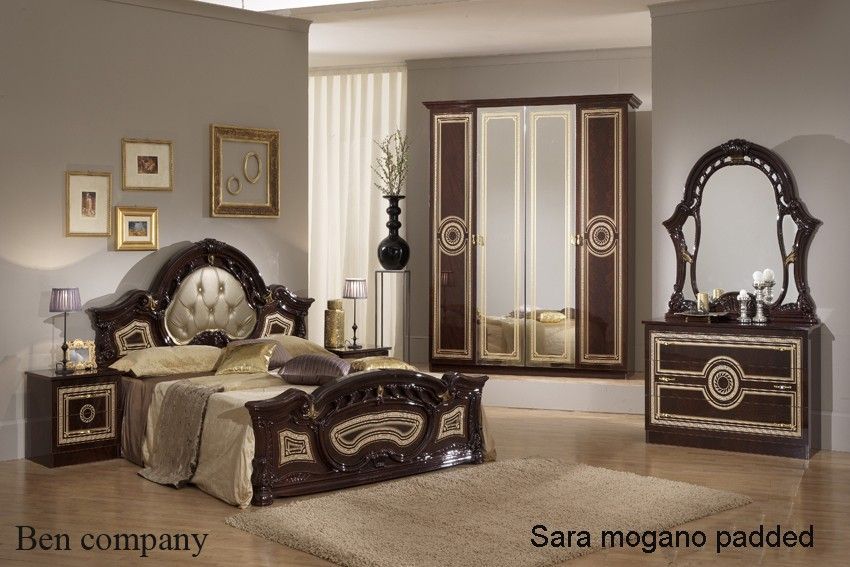 Chambre complète 6 pièces avec lit capitonné bois brillant acajou Soraya 180 - Photo n°1