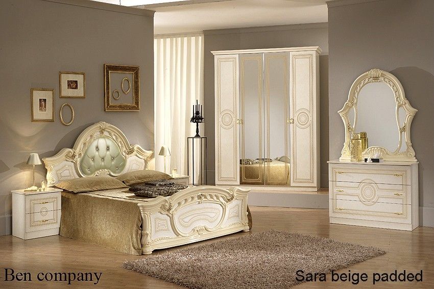 Chambre complète 6 pièces avec lit capitonné bois brillant beige Soraya 160 - Photo n°1