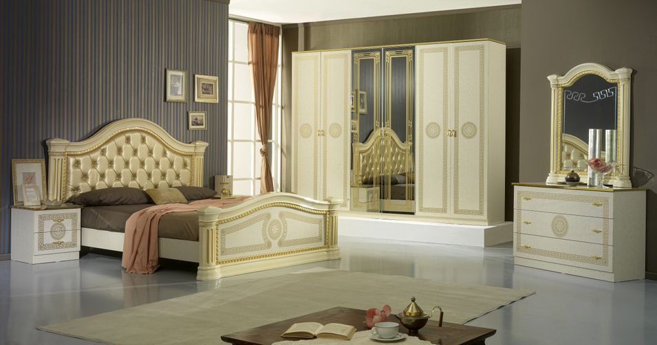 Chambre complète 6 pièces bois brillant beige et doré Savana 160 - Photo n°1
