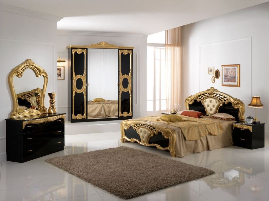 Chambre complète 6 pièces bois brillant noir et doré Crissie 180 - Photo n°1