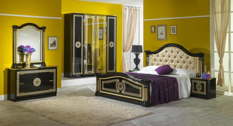 Chambre complète 6 pièces bois brillant noir et doré Savana 160 - Photo n°1