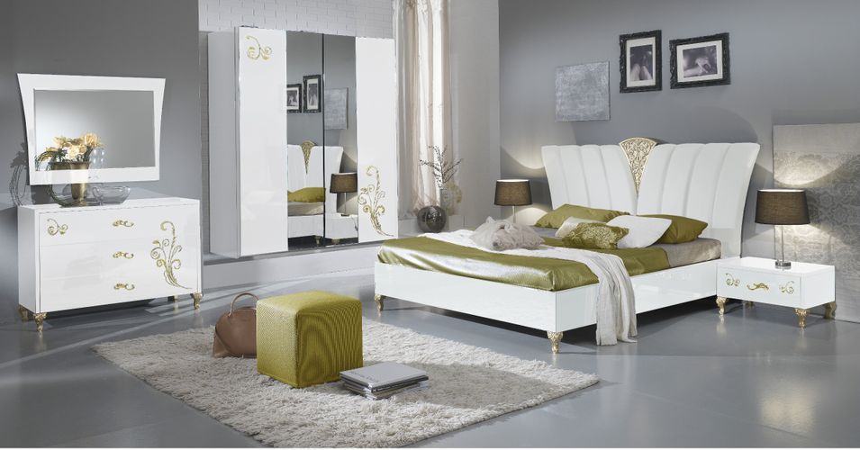 Chambre complète 6 pièces bois laqué blanc et doré Jade 160 - Photo n°1