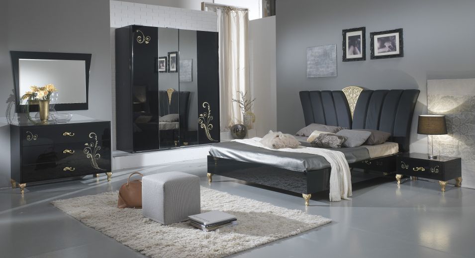 Chambre complète 6 pièces bois laqué noir et doré Jade 160 - Photo n°1