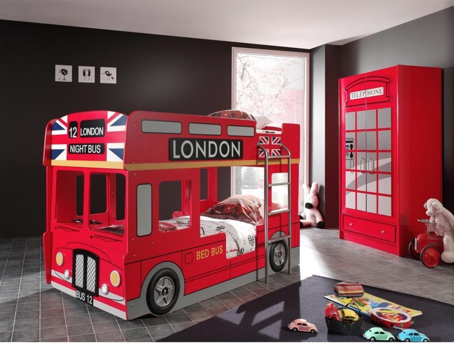 Chambre enfant 2 pièces lit superposé bus 90x200 cm et armoire bois laqué rouge Londres - Photo n°1