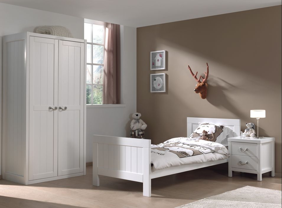 Chambre enfant 3 pièces lit chevet et armoire 2 portes laqué bois blanc Lewis 90x200 cm - Photo n°1