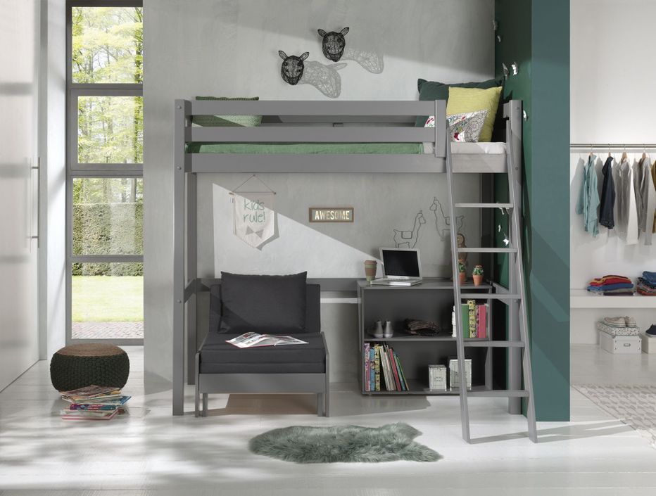 Chambre enfant 3 pièces lit fauteuil et bibliothèque pin massif gris Pino 90x200 cm - Photo n°2