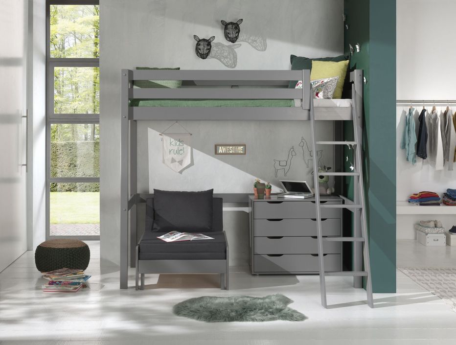 Chambre enfant 3 pièces lit fauteuil et commode 4 tiroirs pin massif gris Pino 90x200 cm - Photo n°2