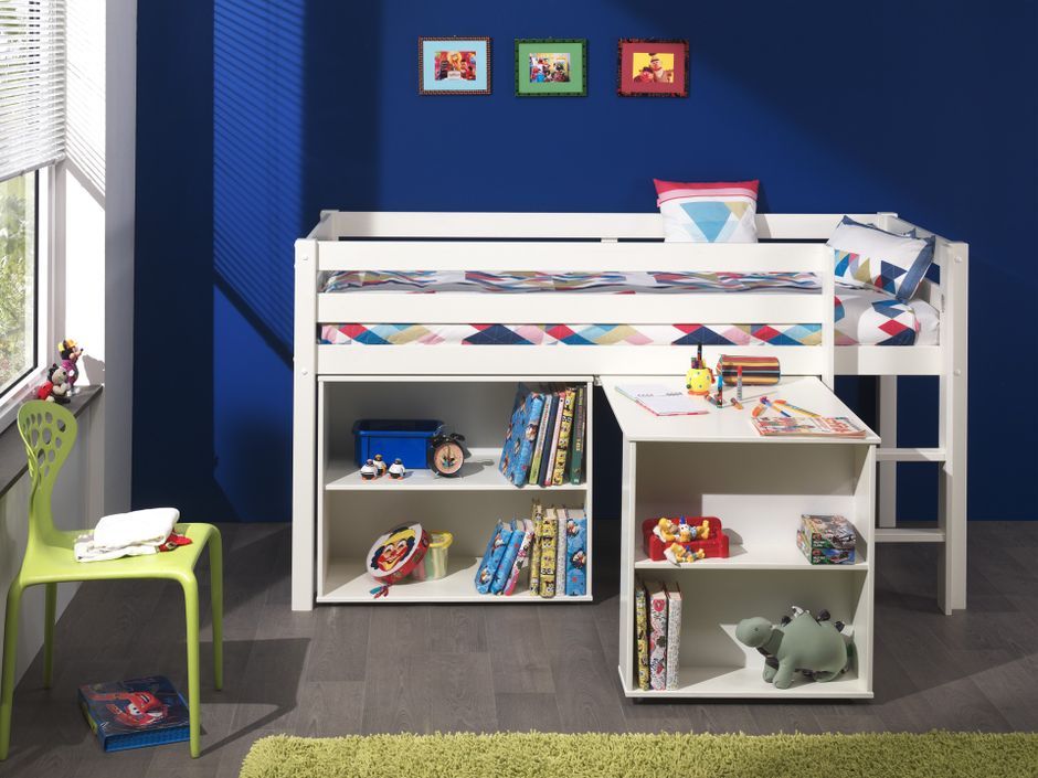 Chambre enfant 3 pièces lit bureau et bibliothèque pin massif blanc Pino 90x200 cm - Photo n°1