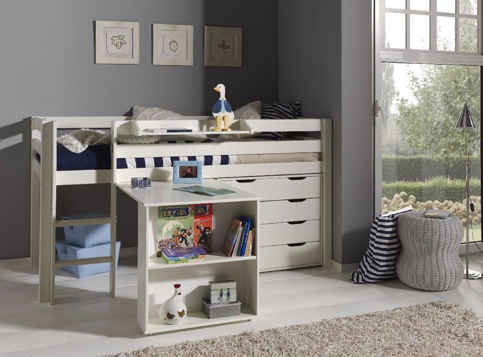 Chambre enfant 4 pièces lit bureau étagère et commode 4 tiroirs pin massif blanc Pino 90x200 cm - Photo n°1