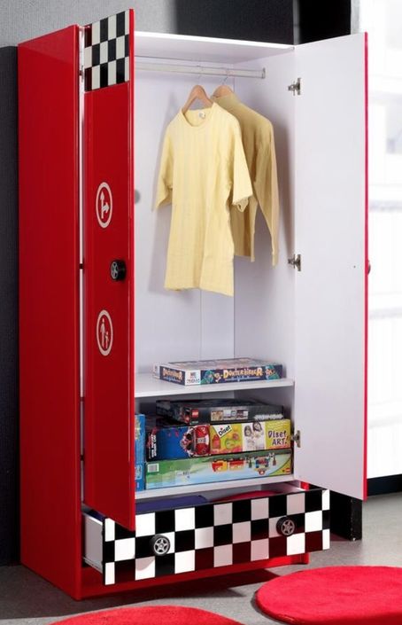 Chambre enfant 4 pièces lit voiture chevet bureau et armoire 2 portes bois rouge Lemans 90x200 cm - Photo n°6