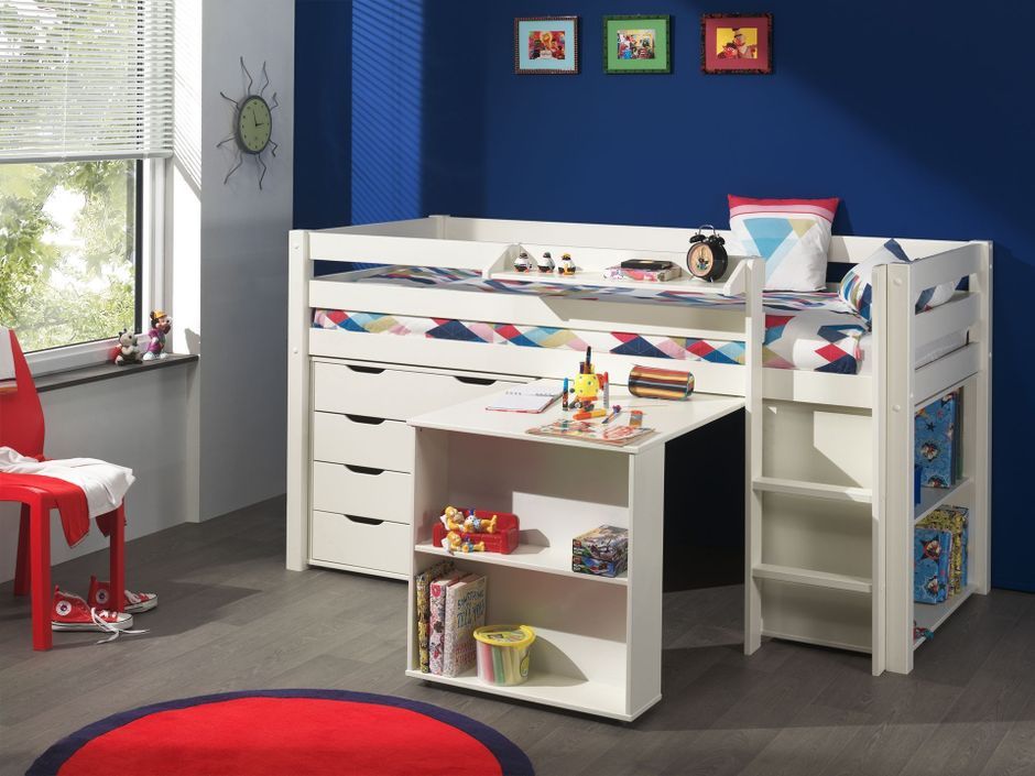 Chambre enfant 5 pièces lit bureau bibliothèque commode 4 tiroirs et étagère pin massif blanc Pino 90x200 cm - Photo n°1