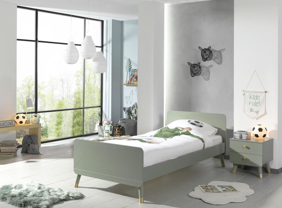 Chambre lit enfant 90x200 cm et chevet bois vert olive satiné Funy - Photo n°1
