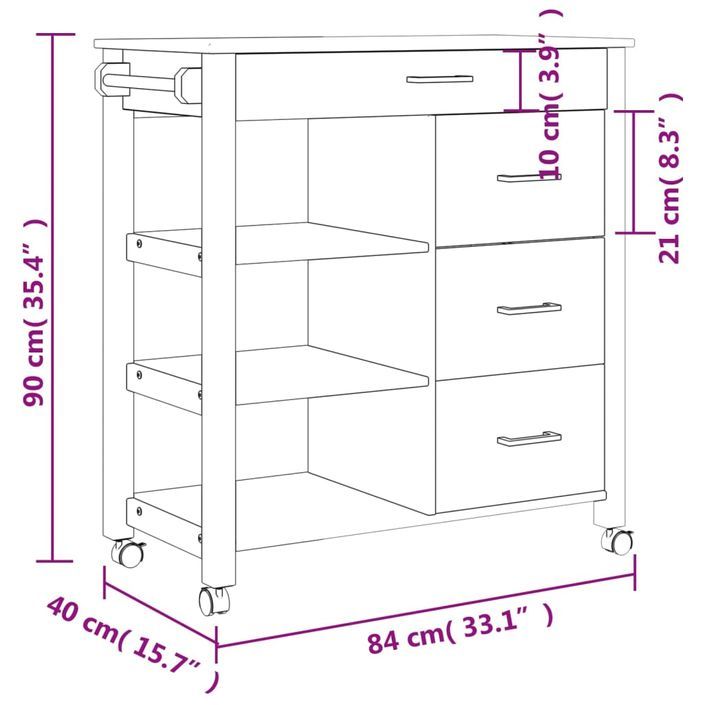 Chariot de cuisine MONZA 84x40x90 cm bois massif de pin - Photo n°9