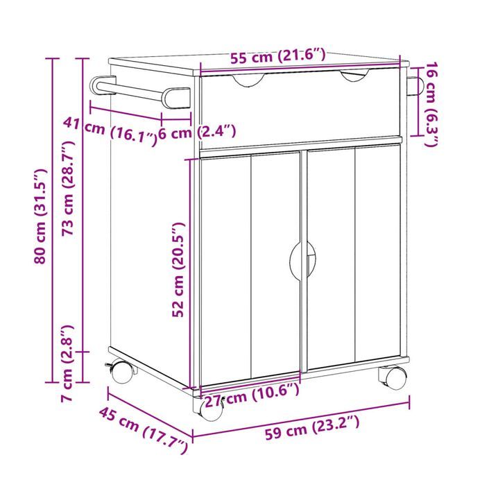 Chariot de cuisine OTTA 71x45x80 cm bois massif de pin - Photo n°9