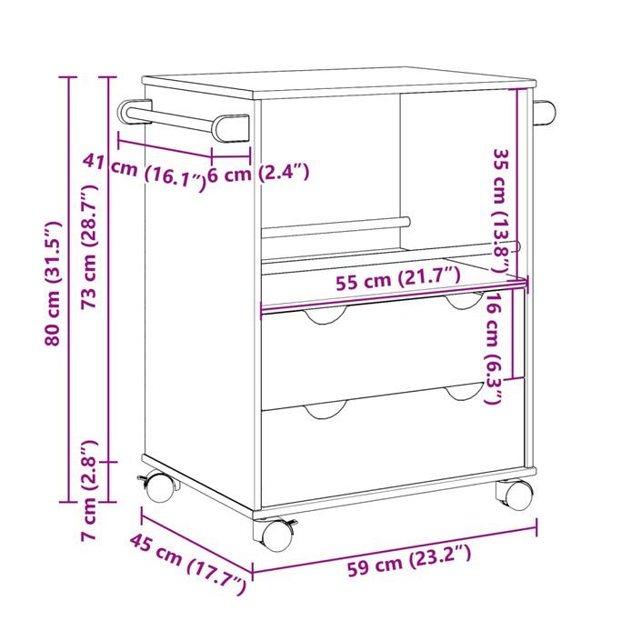 Chariot de cuisine OTTA 71x45x80 cm bois massif de pin - Photo n°9