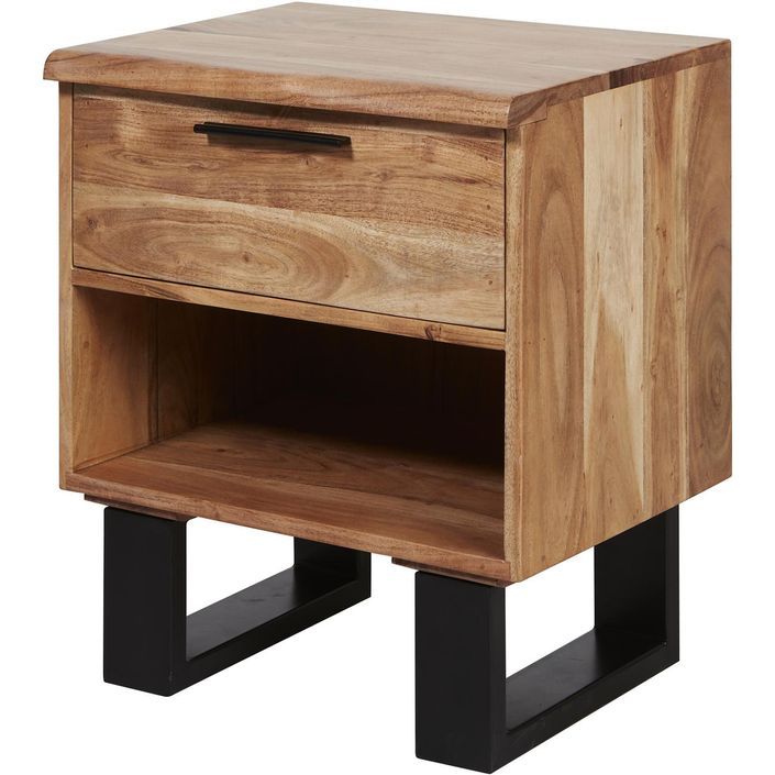Table d'appoint 1 tiroir bois massif et pieds acier noir Kinoa 48 cm - Photo n°2
