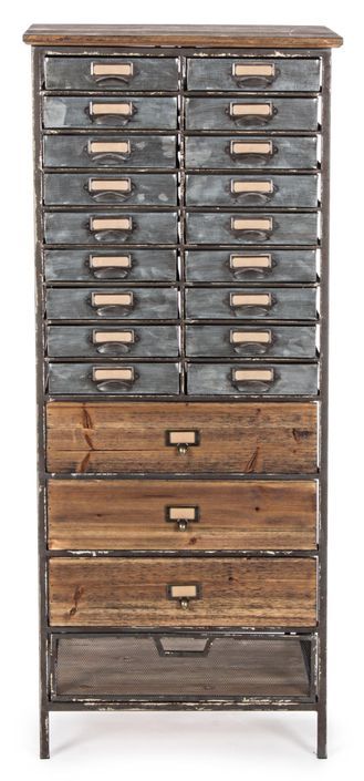 Chiffonnier industriel acier argent et bois de pin 22 tiroirs Vitrak 53 cm - Photo n°1