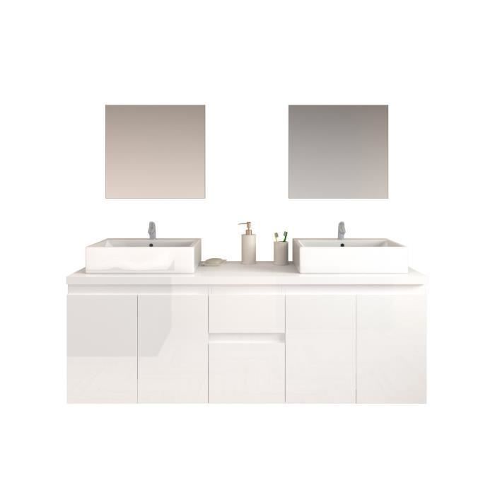 CINA Ensemble salle de bain double vasque L 150 cm - Blanc laqué brillant - Photo n°3
