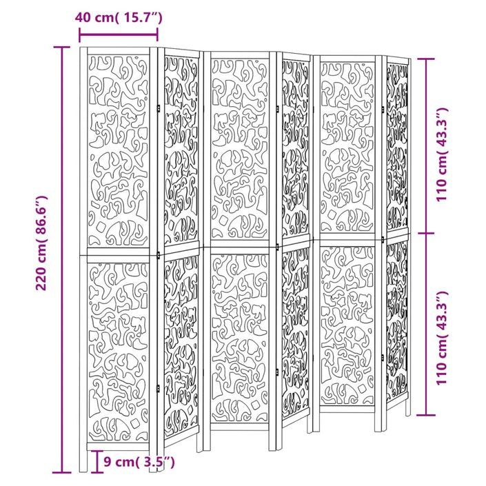 Cloison de séparation 6 panneaux noir bois de paulownia massif - Photo n°8