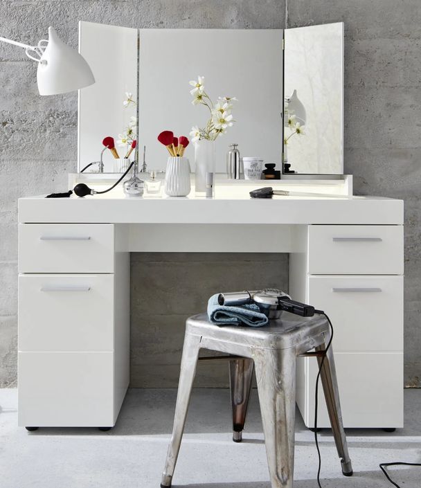 Coiffeuse avec miroir et 2 portes 2 tiroirs laqué blanc Ellia - Photo n°2