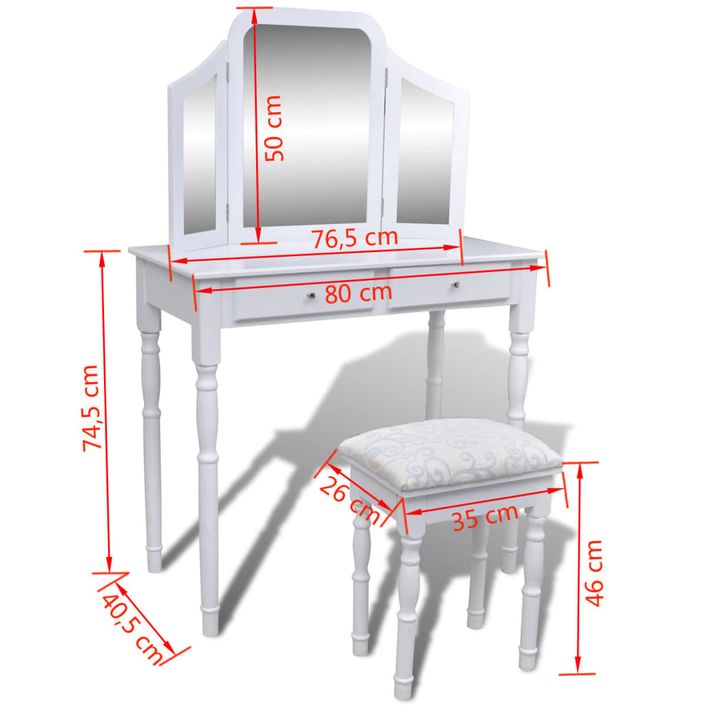 Coiffeuse avec miroir et tabouret 2 tiroirs Blanc - Photo n°9