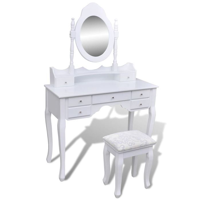 Coiffeuse avec miroir et tabouret 7 tiroirs Blanc - Photo n°1