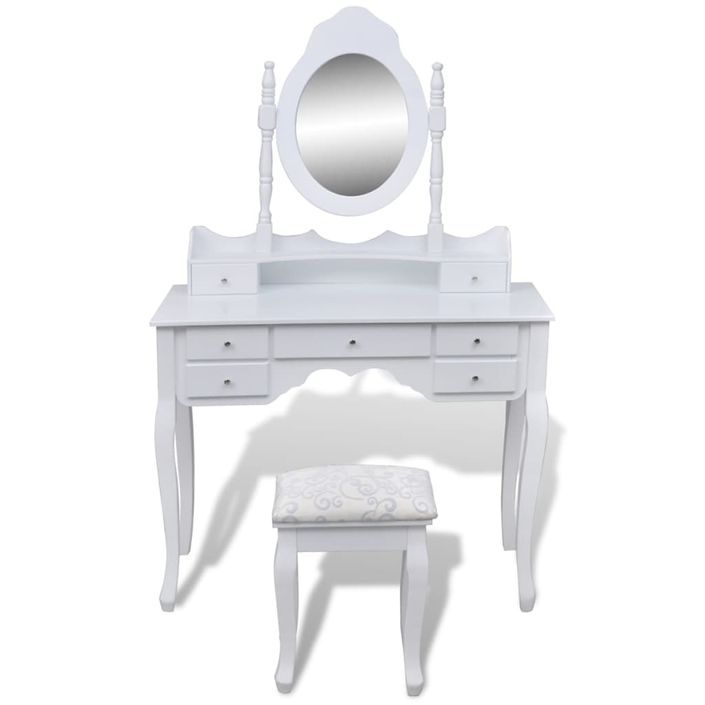 Coiffeuse avec miroir et tabouret 7 tiroirs Blanc - Photo n°2