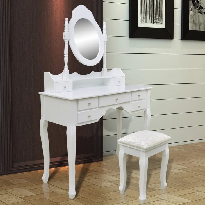 Coiffeuse avec miroir et tabouret 7 tiroirs Blanc - Photo n°9