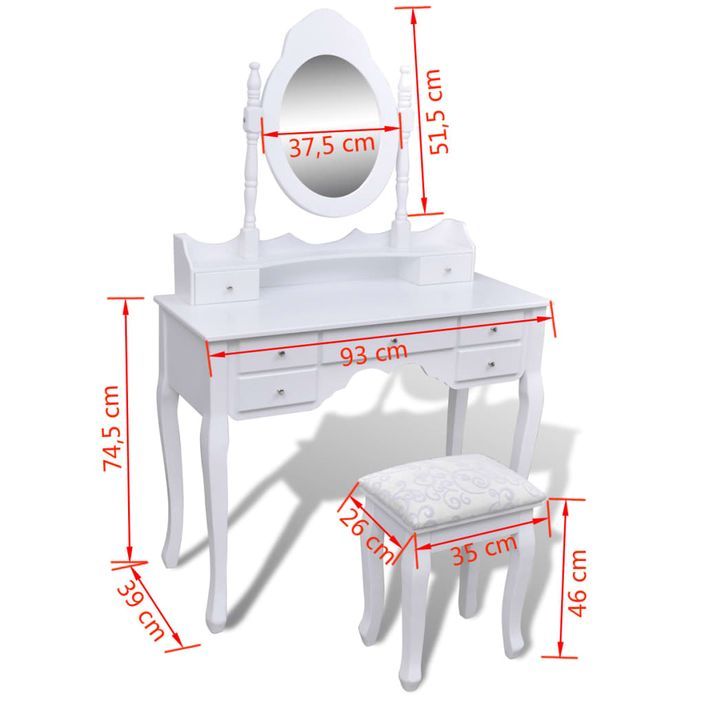 Coiffeuse avec miroir et tabouret 7 tiroirs Blanc - Photo n°10